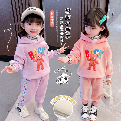 Children's Clothing Winter Hoodie Baby Thickened Cartoon Bear Hoodie Autumn and Winter Girls Velvet Padded Casual Pants Suit