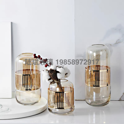 Light Luxury Modern Simplicity with American Style Glass Copper Ring Vase Soft European Style Home Decorations and Accessories Transparent Vase