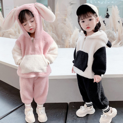 Children's Clothing Autumn and Winter Children's Suit 2021 New Baby Cartoon Thickened Casual Pants Girls' Fleece-Lined Fluffy Sweater