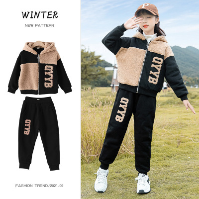 Girls' Winter New Suit 2021 Medium and Large Children Fashionable Jacket Little Girl Winter Fleece Lining Thickened Leisure Suit