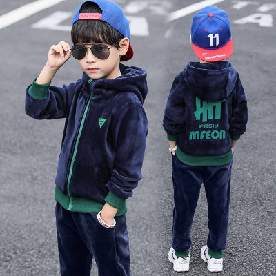 Children's Clothing 2021 New Boys' Double-Sided Velvet Two-Piece Suit Children's Korean Style Hooded Fleece Lined Sweater Autumn and Winter Baby