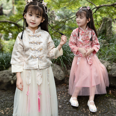 Children's Clothing 2021 Spring Girls' Brocade Open Buckle Peony Suit Medium and Big Children's National Style Improved Han Chinese Clothing Suit