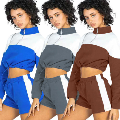 Cross-Border European and American Amazon Color Matching Drawstring Navel Zipper Casual Shorts Women's Long-Sleeved Sweater Fleece-Lined Suit