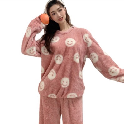Coral Fleece Smiley Face Home Wear Warm Suit Female 2021 Autumn and Winter Korean Style Loose Pajamas Large Size Fashion