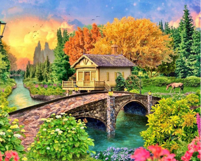 DIY Forest Cottage Bridge Water round Square Diamond Full Diamond Diamond Painting Home Decorative Crafts Foreign Trade Cross-Border Hot