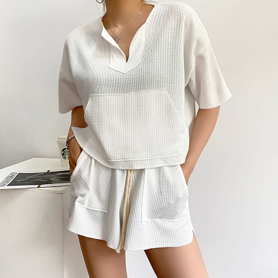 Casual Sports Suit Women's Summer Thin Waffle Short-Sleeved Top Wide Leg Loose Shorts Two-Piece Suit Fashion