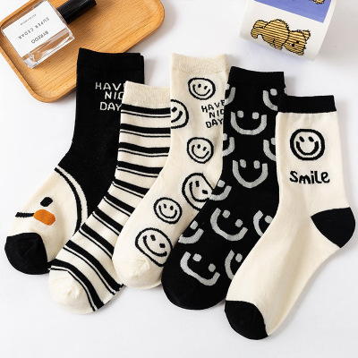 SocksBlack Smiley Face Tube Socks Korean Fashion Cute Cartoon Cotton Socks Autumn and Winter Sweat-Absorbent Breathable Socks Wholesale