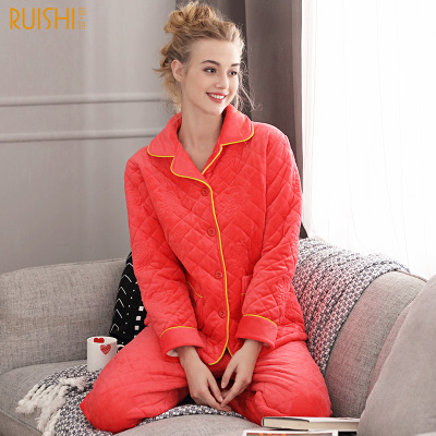 Thickened Pajamas Women's Winter Babe Cashmere Thickened Fleece Warm Three Layers Cotton Loose Outer Wear Mom Suit Wholesale
