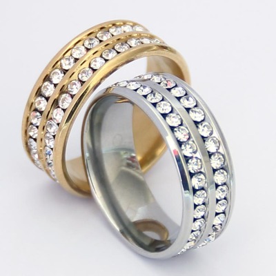 European and American Titanium Steel Full Diamond Double Row Ring Rhinestone Ring Ornament Fashion Stainless Steel Ring Wholesale