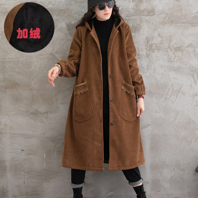 2021 Winter Thickened Solid Color Corduroy Artistic Hooded Women's Long Velvet Lining Trench Coat