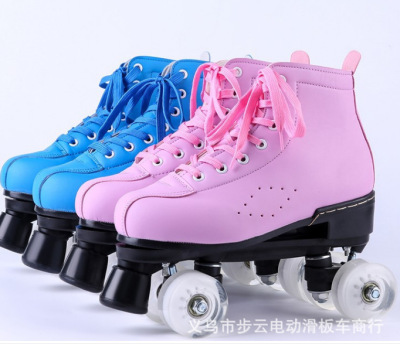 Roller Skates Pulley Pink Blue Double Row Average Size Double Wheel Pattern Skates