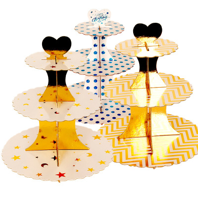 New Laser Three-Layer Paper Cake Rack Children's Birthday Party Wedding Party Dress up Local Tyrant Gilding Cake Stand