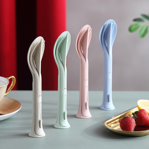 Wheat Straw Portable Knife， Fork and Spoon Household Plastic Spoon Fork Three-Piece Wheat Western Food Tableware Set Direct Sales