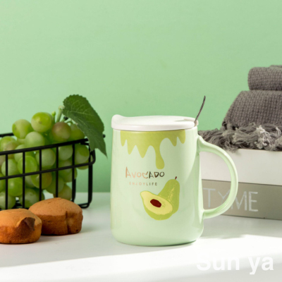 Creative Fruit Ceramic Cup with Cover with Spoon Color Glaze Mug Water Cup Customizable Advertising