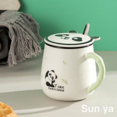 New Cartoon Panda Ceramic Cup with Cover with Spoon Mug Student Water Cup Customizable Advertising Gift Cup