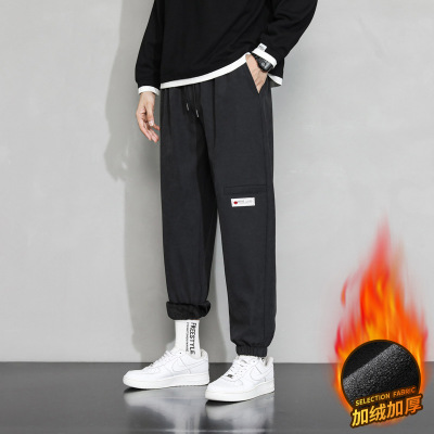 2021 Winter Korean Style Skinny Sports Pants Warm Fine Velvet Men's Work Pants Trendy Velvet Padded Casual Pants Men's Ankle-Tied Pants