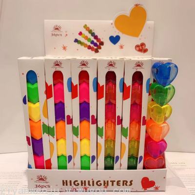 Korean Style Love Shape Fluorescent Pen Spliced Heart-Shaped Cute Stationery Key Mark Graffiti 6 Colors Journal Pen