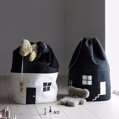 INS Popular Small House Beam Storage Bag Black and White 100% Cotton Canvas Toy Children's Room Decoration Storage Bag