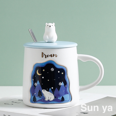Creative Cartoon Doll Hairstyle Ceramic Cup Unicorn Deer Mug with Cover with Spoon Coffee Cup Office Water Glass