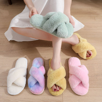 Amazon Hot Cross Plush Slippers Autumn and Winter New Indoor Warm Cotton Shoes Thickened Open Toe Fluffy Slippers
