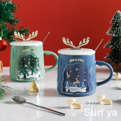 Nordic Style Christmas Gift Box Ceramic Cup Snowman Antlers Cartoon Mug with Cover with Spoon Coffee Cup