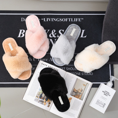 New PVC Material Winter Slippers Plush Cross with Floor Cotton Slippers Interior Home Warm Fluffy Slippers