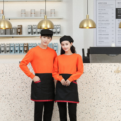 Catering Waiter Workwear Long-Sleeved Sweater Cotton round Neck Milk Tea Shop Hot Pot Restaurant Waiter Coat in Stock