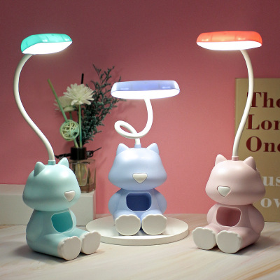 Cute Cat Desktop Led Desk Lamp Small Storage Mobile Phone Holder Dual-Purpose Charging and Plug-in Learning Office Eye Protection Desk Lamp