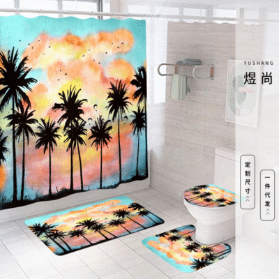Shower Curtain Four-Piece Waterproof Partition Curtain Tropical Island Landscape Chinese Landscape Printing Shower Curtain Floor Mat Ins Wind Combination