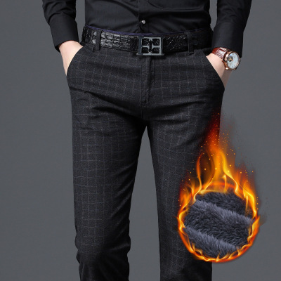 Winter Fleece-Lined Thickened Casual Pants Men's Fashion Trend Plaid Slim Fit Straight Men's Pants Warm Long Pants