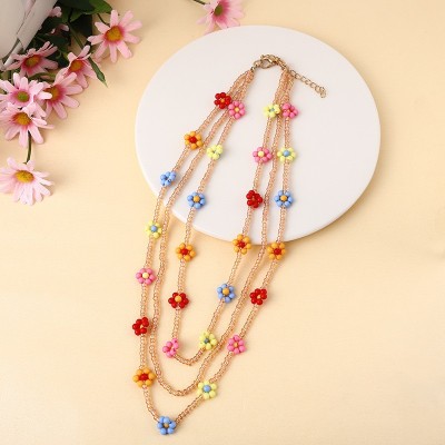 Long Sweater Chain Wholesale Bohemian Style Handmade Color Bead Necklace Multi-Layer Flower Beaded Direct Supply