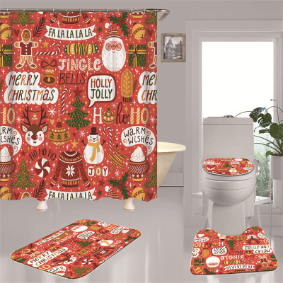 Christmas Pattern Polyester Digital Printing Shower Curtain Punch-Free Bathroom Curtain Three-Piece Set Shading Bathroom Curtain