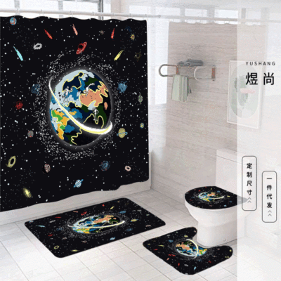 INS Style Earth Printing Waterproof Shower Curtain Four-Piece Set Combination Foot Mat Toilet Mat Punch-Free Hanging Curtain Factory Delivery