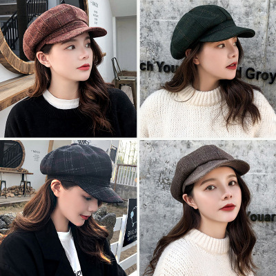 Korean Style Retro Artistic Octagonal Cap Autumn and Winter Men and Women Couple Fashion Casual Versatile Lattice Beret Factory Wholesale