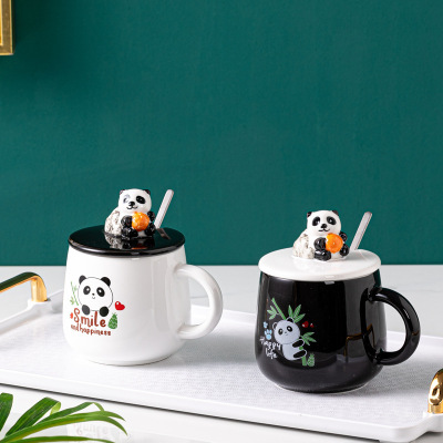 Hand Painted Cute Panda Creative Cartoon Mug with Cover Spoon Ceramic Cup Office Water Glass Breakfast Coffee Cup