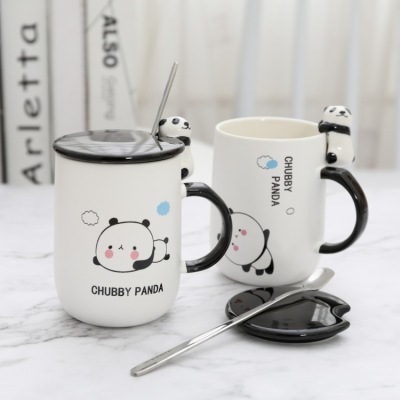 3D Animal Cartoon Panda Ceramic Cup Creative with Cover Spoon Mug for Couple Breakfast Coffee Cup Gift