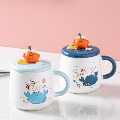 Cartoon Hand-Painted Crab Mug with Cover Spoon Office Tea Coffee Ceramic Cup Creative Personal Cute Water Cup
