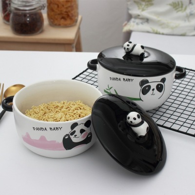 Creative New Hand-Painted Panda Ceramic Instant Noodle Bowl Binaural Fashion Tableware Cartoon Soup Bowl with Lid Cute Gift
