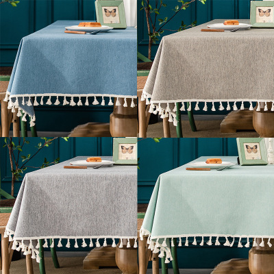 Amazon Cotton Linen Tablecloth Waterproof Oil-Proof Disposable Solid Color Meal Fabric Restaurant and Tea Table Rectangular Tassel Tablecloth