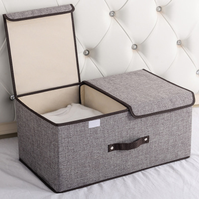 Cotton and Linen Fabric Double-Lid Storage Box Foldable Storage Box Sundries Storage Box Dormitory Covered Underwear Storage Box