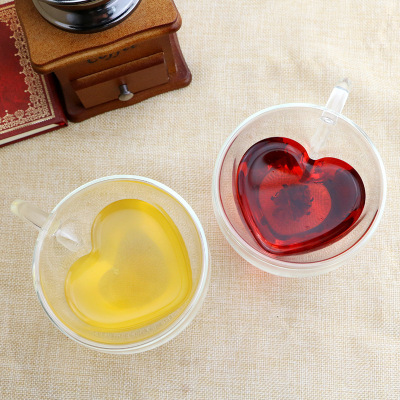 Creative Insulation Heart-Shaped Double-Layer Glass Heart-Shaped Handle Cup High Temperature Resistant Couple's Cups Coffee Cup Milky Tea Cup Juice Cup
