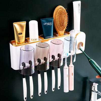 Toothbrush Rack Bathroom Wall-Mounted Light Luxury Punch-Free Tooth Cup Cleaning Kit Toothpaste Dispenser Tooth Cup