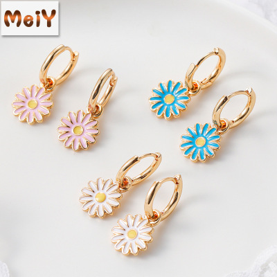 Cross-Border Supply Yiwu Copper Jewelry Japanese and Korean Fresh Simple Cute Earrings Painting Oil Color Flowers Daisies Earrings for Women
