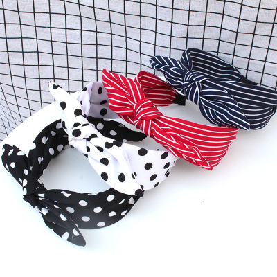 New Fresh Striped Polka Dot Headband Korean Style Bow Headband Wide-Brimmed Girl Internet Celebrity Ins Style Headband Female