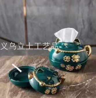 Gao Bo Decorated Home Home Daily Decoration European Emerald Living Room Fortune Cat Ashtray Fortune Cat Tissue Box