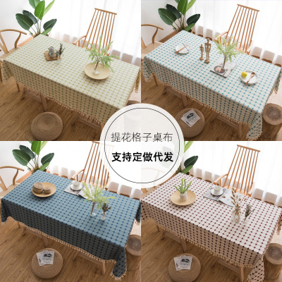 Factory Wholesale New Artistic Embroidered Plaid Tablecloth Cotton Linen Linen Cloth Little Fresh Coffee Table Rectangular Table Mat