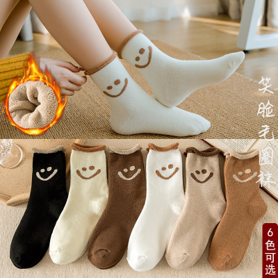 Women's Socks Autumn and Winter Thick Warm Smiley Face Terry-Loop Hosiery Fleece-Lined Terry Sock Japanese Women's Room Socks Middle Tube Cotton Socks