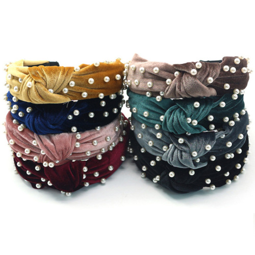 european and american women‘s knotted headband pearl gold velvet headband wide edge hair pressing adult headband fashion temperament hairpin
