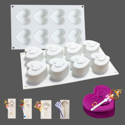 8 Heart-to-Heart Lock Key Mousse Cake Mold Valentine's Day Ice-Cream Mold Jelly Silicone Mold DIY Baking Mold