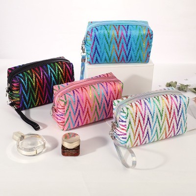 Factory Direct Sales New Japanese and Korean Colorful Gilding Octagonal Cosmetic Bag Large Capacity Travel Portable Striped Storage Bag
